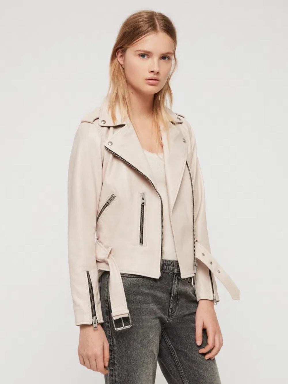All Saints Balfern Leather Biker Jacket Light Pink Belted Zip Pockets